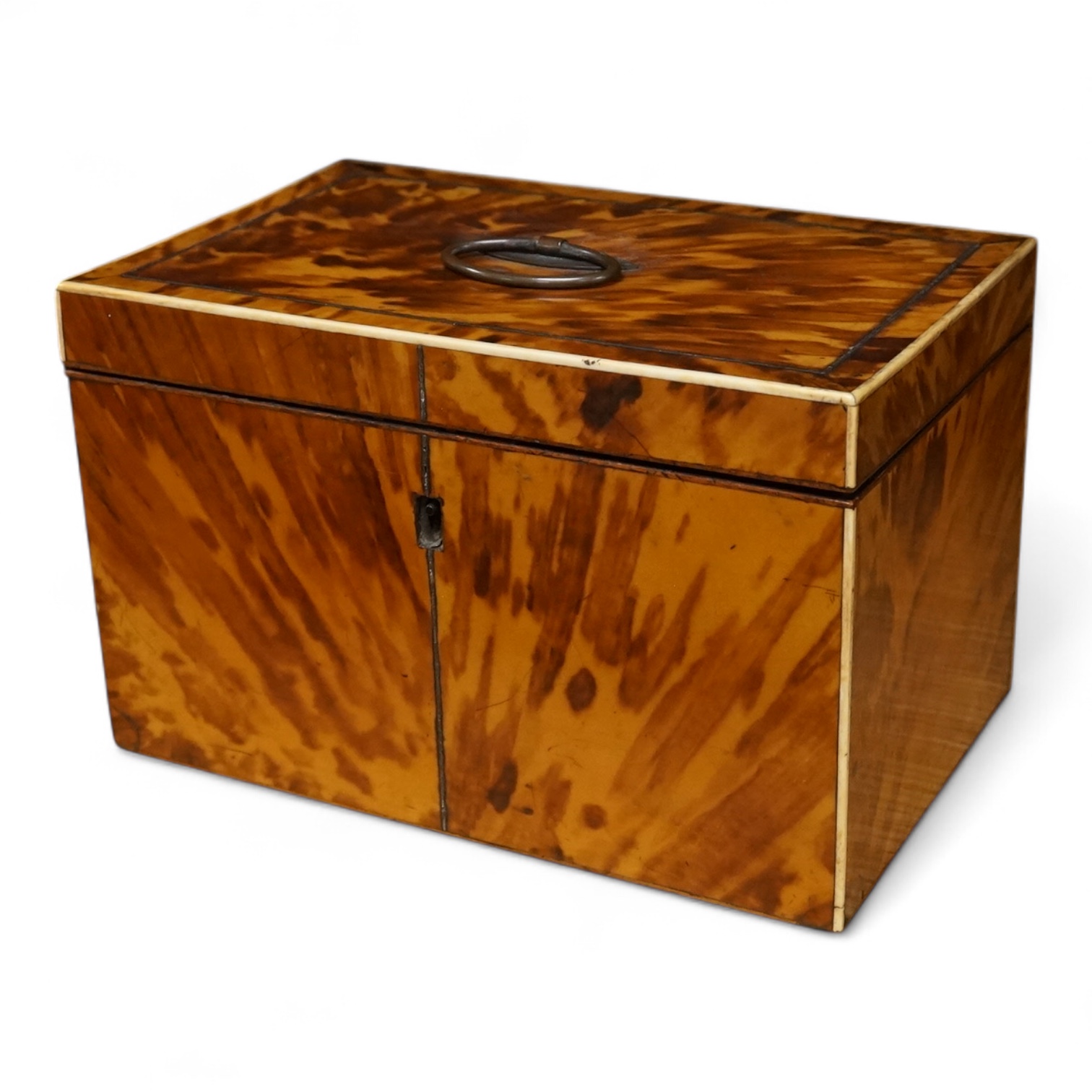 A Georgian blonde tortoiseshell tea caddy with ivory beading, 20.5cm wide CITES Submission reference, EVAWRXWG